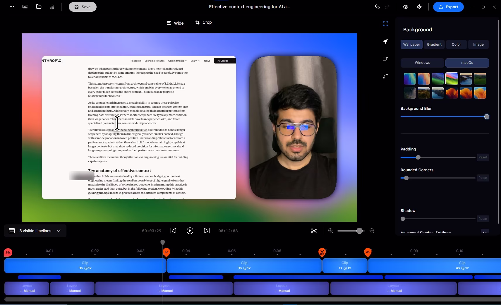 Pane Studio editor showing an automatically zoomed SaaS product recording, timeline, cursor movement, and visual styling controls